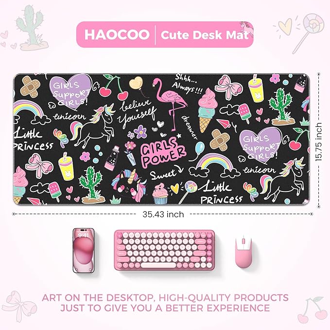 HAOCOO Kawaii Large Desk Cover Mat, 35.4x15.7 Cute Mouse Pad for Women Office Accessories, Leather Desk Mat for Keyboard and Mouse for Kids, Stitched Edges Desk Protector Dorm Decor