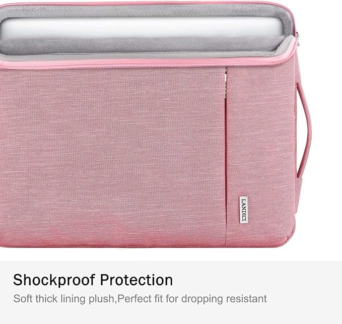 LANDICI 360° Protective Laptop Sleeve 13-14 Inch, Computer Bag Carrying Case for MacBook Air 13 M1/M2, MacBook Pro 13/14, Chromebook 14, Women, Slim, Shockproof, Waterproof, Pink