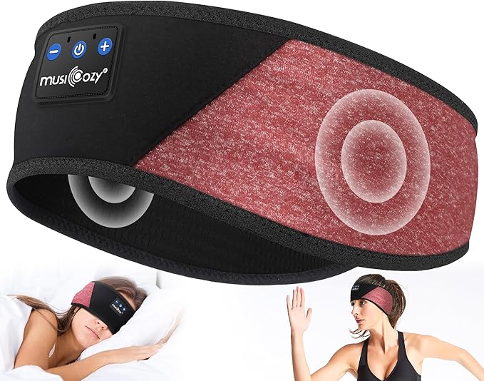 MUSICOZY Sleep Headphones Bluetooth 5.4 Headband, Wireless Earphones Music Sleep Earbuds Sleeping Eye Mask with HD Stereo Speakers for Workout Running Travel Yoga, Ideal Gifts (Red & Black)