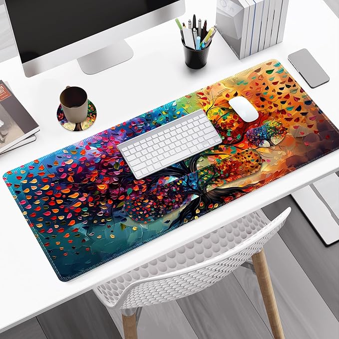 Large Gaming Mouse Pad Set, 4 in 1 Ergonomics Keyboard Desk Mat with Memory Foam Wrist Rest, Computer Extended Game Mousepad, Non-Slip Desk Matt Easy Typing Pain Relief I Colorful Tree Leave