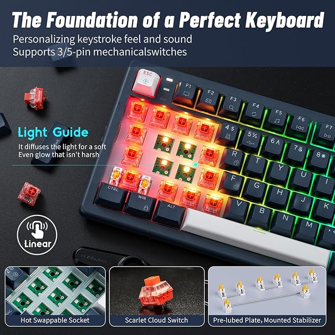 Hexgears Wireless Mechanical Keyboard with Wrist Rest,Tri-Mode BT5.0/2.4GHz/USB-C Hot Swappable Custom Keyboard,Pre-lubed Linear Switches,RGB Backlit Computer Gaming Keyboards for PC/Tablet/PS/Xbox