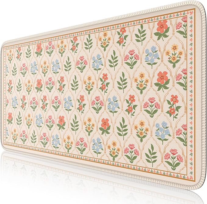 iCasso Floral Desk Pad Mat, Large Mouse Pad, Desk Matt for Desktop, Anti-Slip XXL Big Mousepad with Stitched Edges for Computer Keyboard (Beige Moroccan)