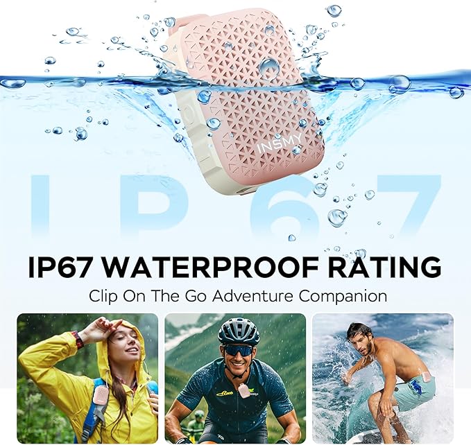 INSMY Wearable Bluetooth Speakers,IP67 Waterproof,Clip-On Portable Small Personal Speaker/Clean Sound/Stereo Pair/Wireless/ENC Built-in Mic/Lightweight for Golf Work Pool Gift (Non-Magnetic) (Pink)