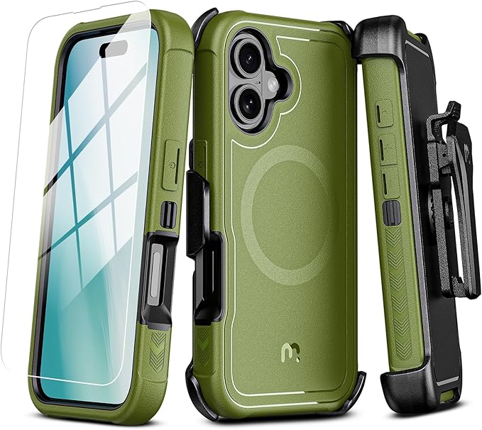 M MYBAT PRO Maverick Series for iPhone 16 6.1 Case with Belt Clip Holster,[Compatible with Magsafe] w/Screen Protector,Anti-Drop,Shockproof,with 360°Rotating Kickstand,Heavy Duty Protection