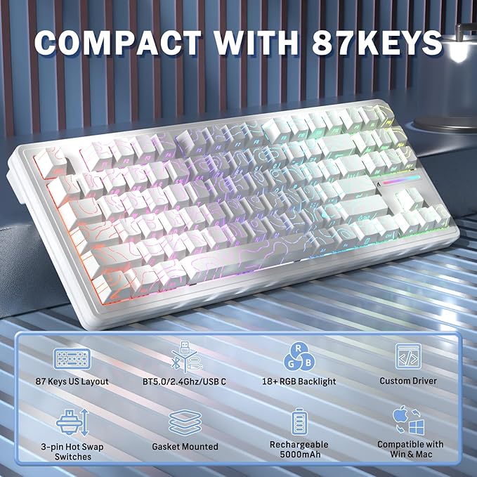 FELICON Attack Shark M87 PRO Wireless Mechanical Gaming Keyboard – 87-Key Tri-Mode (Bluetooth 5.0/2.4Ghz/USB-C), Hot-Swappable Linear Switch, RGB Backlit, 5000mAh Battery – White Contour