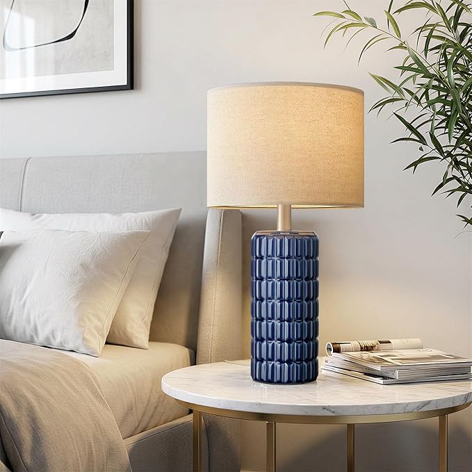 23" Modern Ceramic Table Lamps Set of 2 - Table Lamps for Living room, Farmhouse Bedside Night Stands Lamp for Bedroom, White Boho Nightstand Lamps Set of 2, Desk Lamp for End Table Home Decor(Blue)