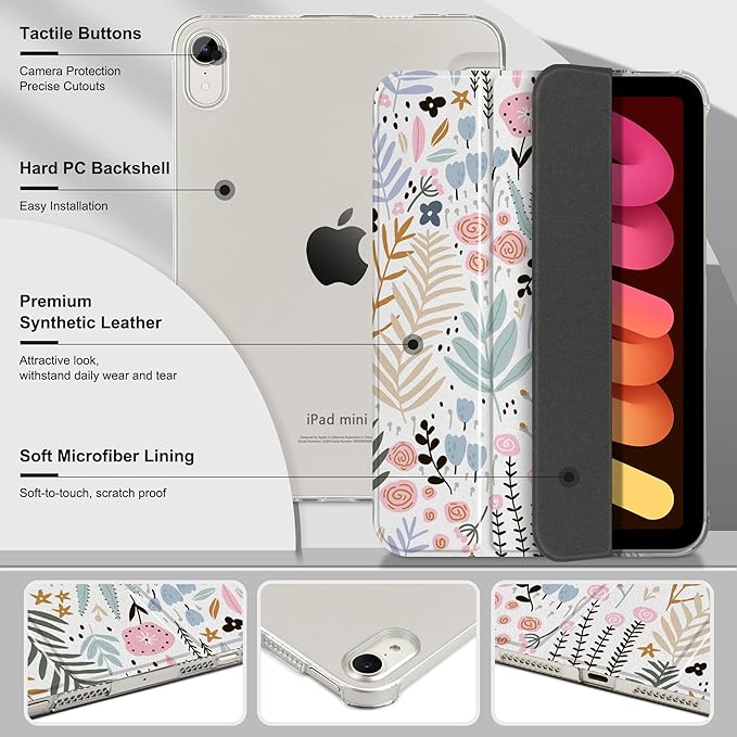 DONGKE for iPad mini 7 (A17 Pro) 2024 & iPad mini 6 2021 8.3 Inch, Slim Foldable Stand Hard PC Translucent Back Shell Smart Cover for iPad mini 7th/6th Generation [Auto Wake/Sleep] - Creative Floral