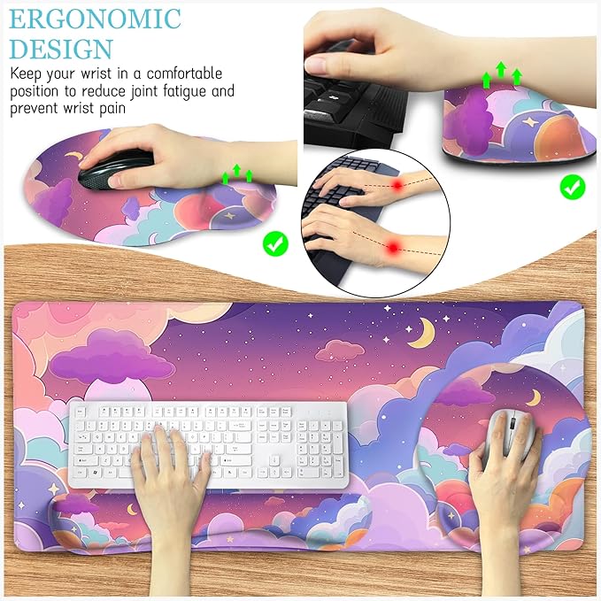 LIMKRIAN Purple Mouse Pad Large Desk Mat Set, Kawaii Clouds Ergonomic Mouse Pad with Wrist Rest Keyboard Wrist Support XXL Mousepad Cup Coaster Set, Cute Purple Office Desk Accessories Decor Supplies
