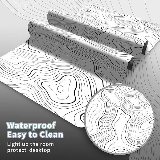 Topographic Map Large Mouse Pad, Black and White Desk Pad for Keyboard and Mouse, 35.5" X 15.75" Computer Gaming Mouse Mat 3mm Thick XXL Rubber Mousepad for Laptop Gamer, White Lines Contour