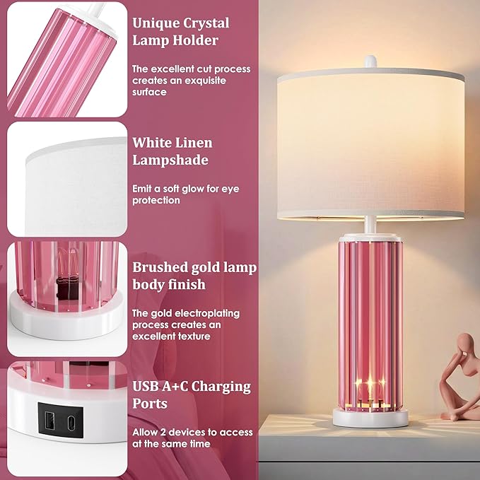QiMH Table Lamps for Bedroom Set of 2 with Nightlight, Modern Bedside Lamp with USB A+C Charging Port, White Pink Nightstand Lamp for Living Room White Shade Home Decor, 2 Bulbs Included