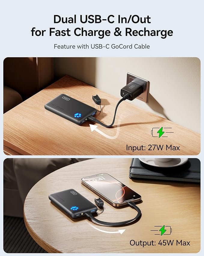 INIU Portable Charger, Ultra Slim 45W Fast Charging with Attached USB C Cable, 10000mAh Power Bank Battery Pack, Travel Essential Phone Powerbank for iPhone 17 16 Samsung S25 Google, Beige