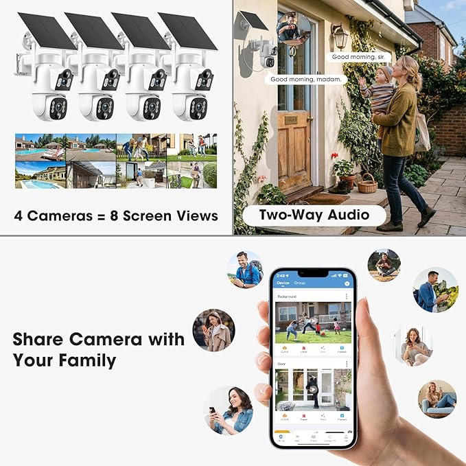 Camcamp Solar Security Cameras Wireless Outdoor, 4 Cameras (8 Screen), Dual Lens Wireless Cameras for Home Security, 10CH NVR, 2.4/5GHz WiFi, 2K Color Night Vision, 2-Way Audio, No Monthly Fee