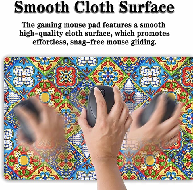 Extra Large Mouse Pads Gold Pad for Mouse Gaming Mousepad Computer Mat Large Mouse Mat Non-Slip Rubber Base 35.4 X 15.7 for Game Office, Mexican Talavera Ceramic Tile Pattern