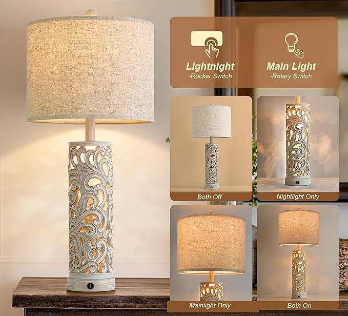OYEARS 2-in-1 Light Table Lamp Set of 2 for Living Room, 28.5" Farmhouse Bedside Lamps with USB Charging Port, Main&Night Light & Dual Switches, Nightstand Lamp for Bedroom Home Office(Bulb Included)