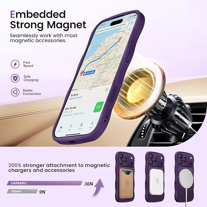 CAPRARO for iPhone 17 Pro Case with 360° Spin Magnetic Stand for Women, [Compatible with MagSafe] [Full Camera Protection] Cute Wave Translucent Matte Case for iPhone 17 Pro, Deep Purple