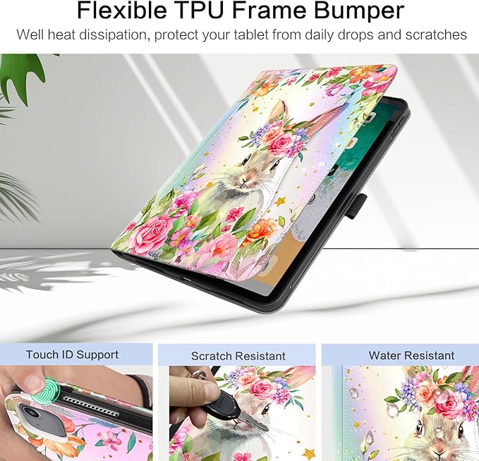 Lokigo for iPad Air 13 Inch Case M4/M3/M2 (2026/2025/2024), iPad Pro 12.9 Inch Case 6th/5th/4th/3rd Gen with Pencil Holder/Hand Strap/Pocket, Support Touch ID, Multi Angles View Stand, Rabbit Floral
