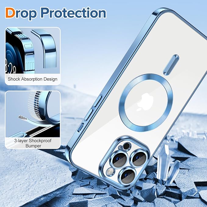 Hython Magnetic Clear for iPhone 12 Pro Max Case with Camera Lens Protector [Compatible with MagSafe] Plating Edge Slim Soft TPU Cover Protective Phone Case for iPhone 12 Pro Max 6.7", Light Blue