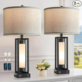 Set of 2 Modern Table Lamps for Living Room with USB C+A Ports, Rustic Nightstand Lamp with White Night Light, Retro Desk Lamp for Bedroom End Table Entryway, 4 Bulb Included (Black)