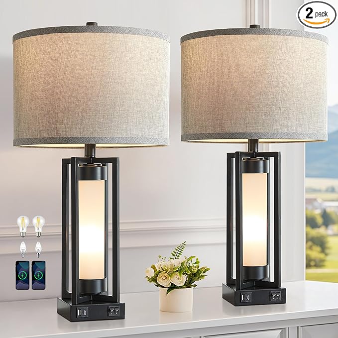 Set of 2 Modern Table Lamps for Living Room with USB C+A Ports, Rustic Nightstand Lamp with White Night Light, Retro Desk Lamp for Bedroom End Table Entryway, 4 Bulb Included (Black)