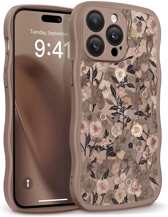 GVIEWIN for iPhone 14 Pro Case Compatible with MagSafe [Curly Wave Edge][Full Camera Protection] Floral Translucent Shockproof Magnetic Women Phone Case for 14 Pro, Apricot Blossom/Brown