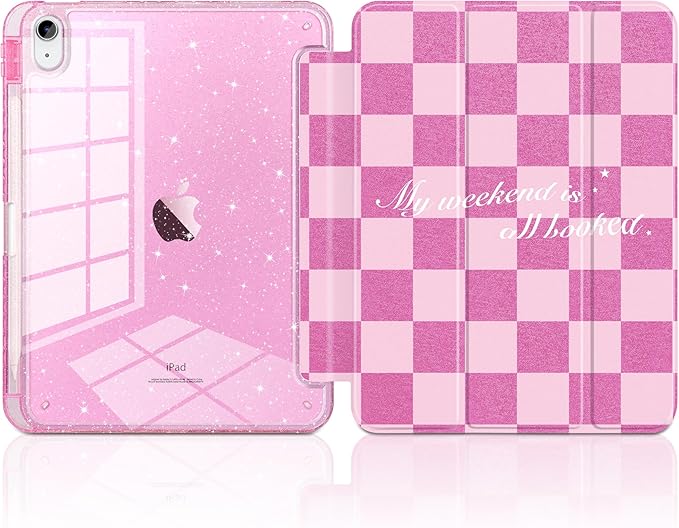 DONGKE for iPad Pro 11 inch Case – Fits M5 2025 / M4 2024, Shockproof Sparkling Glitter Acrylic Back, Pencil Holder, Trifold Stand, Auto Sleep/Wake & Touch ID Support - Pink Checkerboard