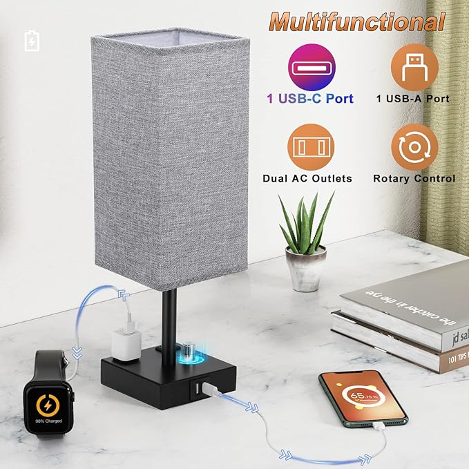 aooshine Gray Fully Dimmable Nightstand Lamps Set of 2 - Table Bedside Lamp with USB C+A Charging Ports & 2 AC Outlets, Square Lamp Sets Linen Fabric Shade for Bedroom Living Room(Bulb Included)