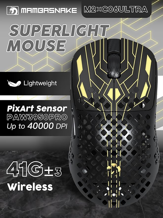 MAMBASNAKE M2 Carbon Fiber Wireless Gaming Mouse, PAW3395PRO 40K DPI, 1K Polling Rate 41g Ultralight Tri-Mode Ergonomic PC Mice, Cloud Driver AI Driver for PC/Mac/Win,Black