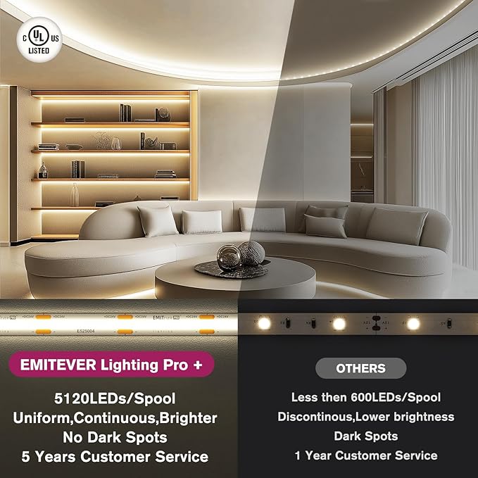 EMITEVER COB LED Strip Lights Neutral White, 4000K Tape Light Premium High Density, DC 24V, 360+Lumens/ft, 5120LEDs/Spool,Ra 90+,32.8ft/10m,UL Listed 5 Year After-Service(Power Supply Sold Separately)