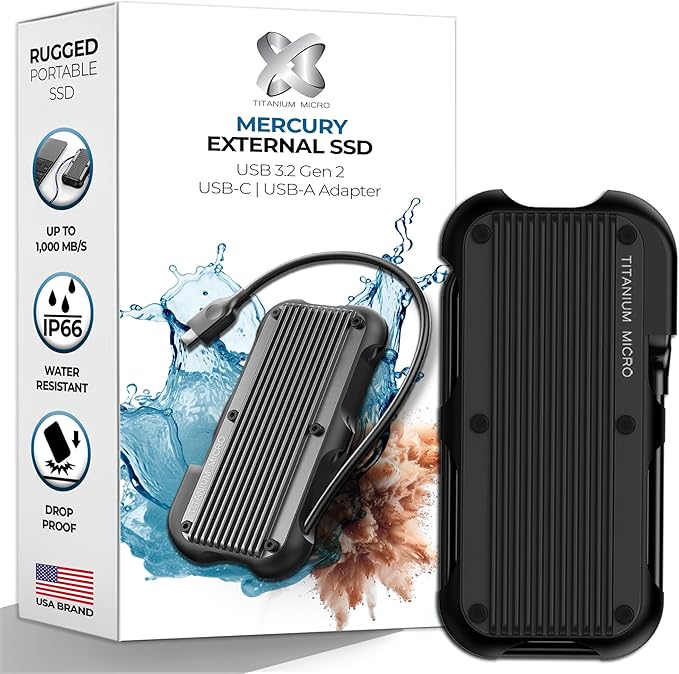 Titanium Micro External SSD 2TB - Mercury Portable SSD, Up to 1000MB/s, USB 3.2 Gen 2 USB-C USBA, Rugged IP66 Water Resistance, Drop Proof, External Solid State Drive Slim and Lightweight Storage