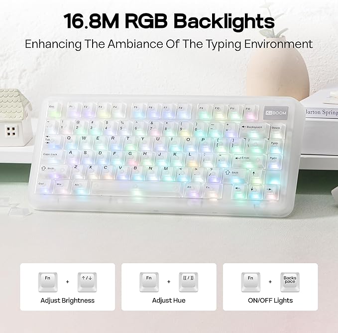 KiiBoom Phantom81 Lite 75% Gasket Mechanical Keyboard, QMK&VIA Programmable, 3 Modes Wireless Gaming Keyboard, RGB Backlights, ABS Case, Hot-Swappable for Windows/Mac/Linux (Clear)