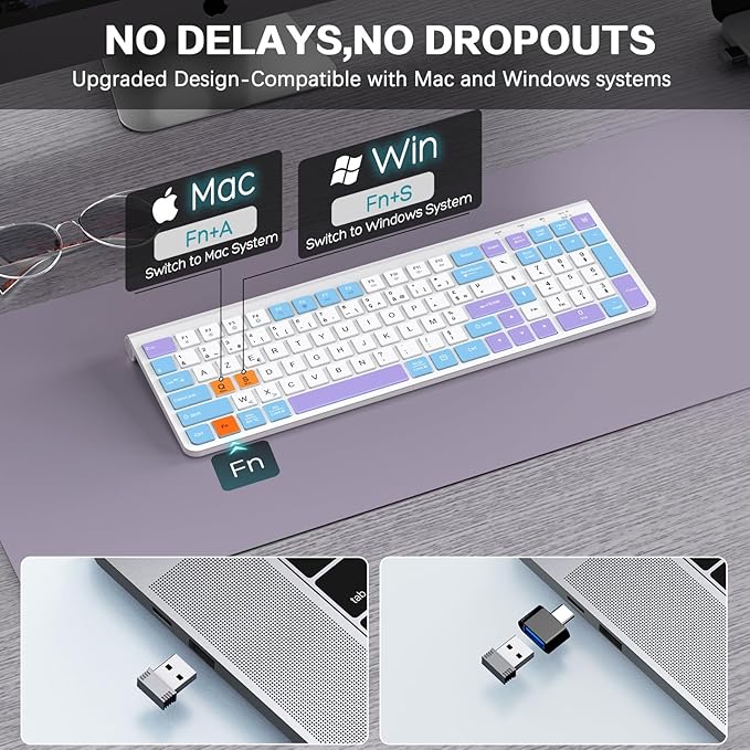 GAMCATZ Colorful Wireless Keyboard with Low-Profile Keys-Soft Touch,Cute,Quiet Design,Windows & Mac OS，Office Cordless Slient Computer Keyboard for Desktop,Laptop, PC, Mac, Windows-Purple Blue White
