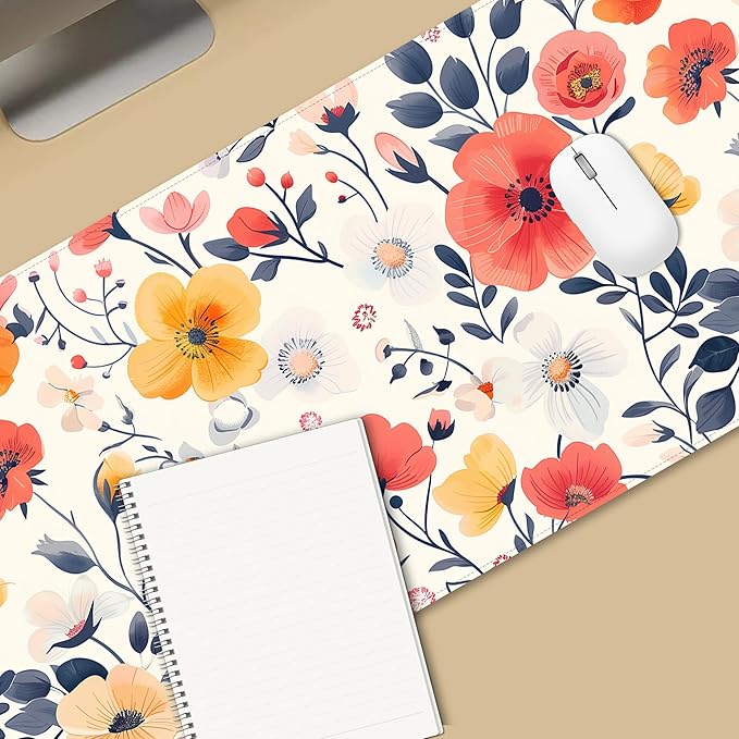 ProbTis Cute Flower Mouse Pad, Large Floral Desk Mat, XXL Gaming Keyboard Mat, Stitched Edges Rubber Base, Big Extended Desk Protector for Home Office, 35.4”x15.7” (Village Road Flower)