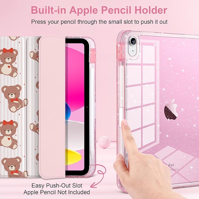 DONGKE for iPad Pro 11 inch Case – Fits M5 2025 / M4 2024, Shockproof Sparkling Glitter Acrylic Back, Pencil Holder, Trifold Stand, Auto Sleep/Wake & Touch ID Support - Lovely Bears