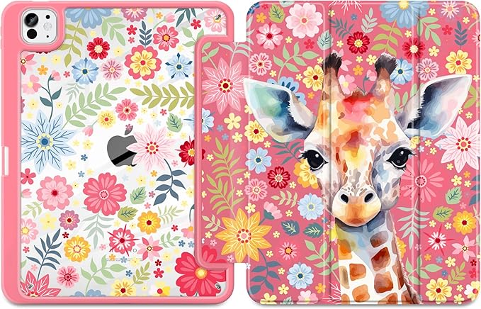 Case for iPad Pro 11 inch (M5) 2025 (M4) 2024 Release Slim Lightweight Cute Hot Pink Cover with Clear Back TPU Edge Pencil Holder Trifold Stand, Giraffe