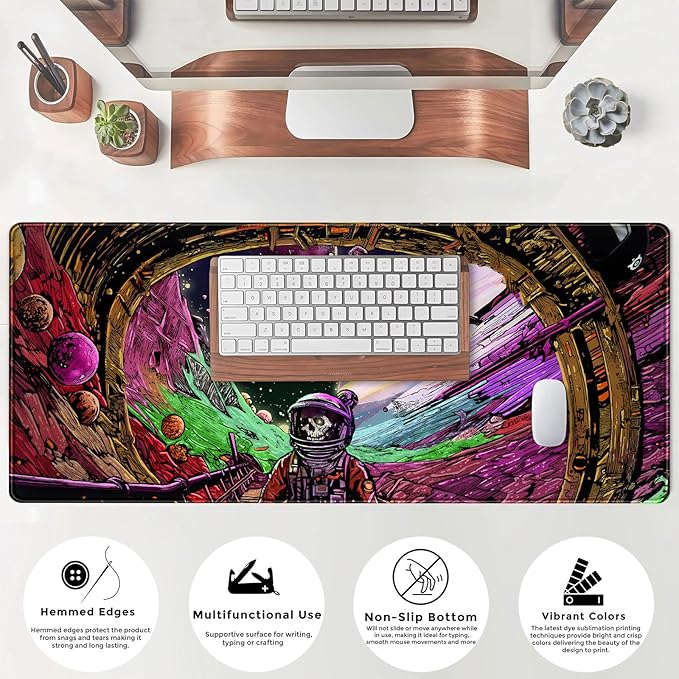Strange Planet Desk Mat Space Scene Large Gaming Mouse Pad Extended Anime Vibrant Colors Desk Pad Futuristic Spaceship Mousepad XL Cosmic Adventure Skeleton Keyboard Mouse Mat 31.5"x11.8"