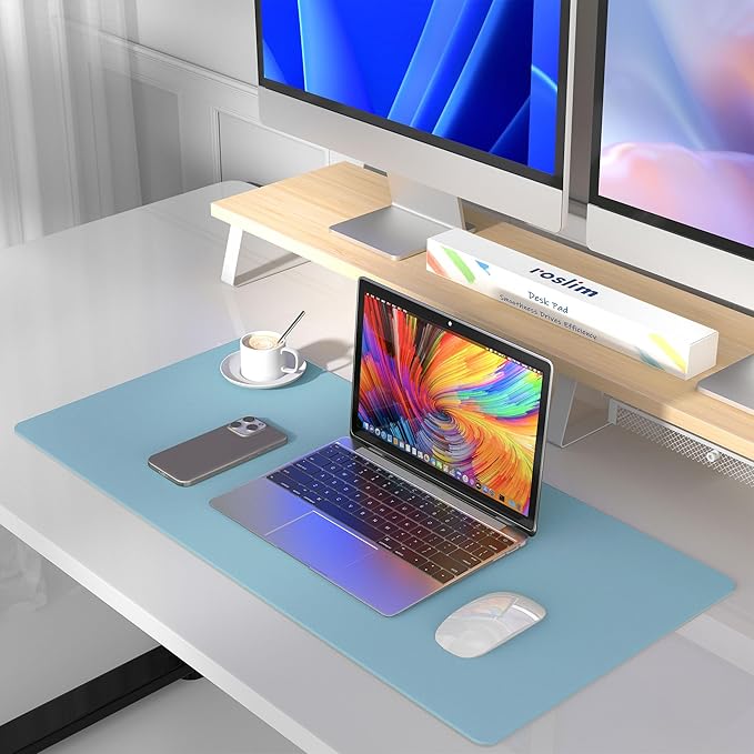 Roslim Leather Desk Pad Protector,Mouse Pad,Non-Slip Computer Mat for Desk,PU Leather Office Desk Mat for Home & Office,Waterproof Laptop Desk Blotter for Keyboard and Mouse,Sky Blue (15.7''X31.5'')