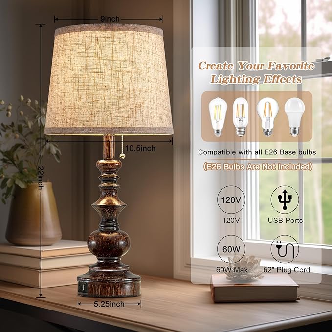 Drawealth 22'' Farmhouse Bedside Table Lamps Set of 2 for Bedroom Nightstand Lamps with USB A+C Charging Ports Traditional Small Table Lamp for Living Room End Tables,Pull Chain,Bulbs Not Included