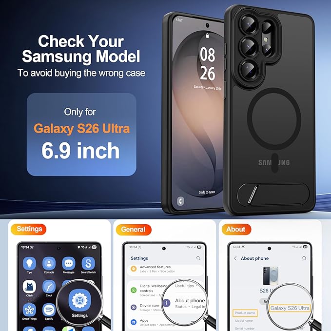 Magnetic for Samsung Galaxy S26 Ultra Case, [Compatible with MagSafe][Full Camera Protection][Built-in Invisible Kickstand] Translucent Matte Phone Case for S26 Ultra 6.9" - Black