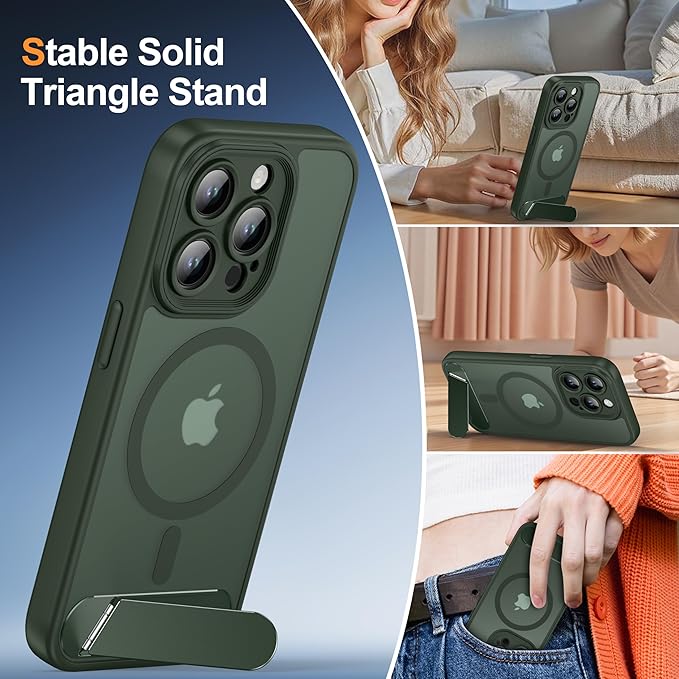 Magnetic Compatible with iPhone 15 Pro Case, [Built-in Kickstand][Full Camera Protection][Compatible with MagSafe][Anti-Fingerprint] Shockproof Phone Case for iPhone 15 Pro 6.1",Green
