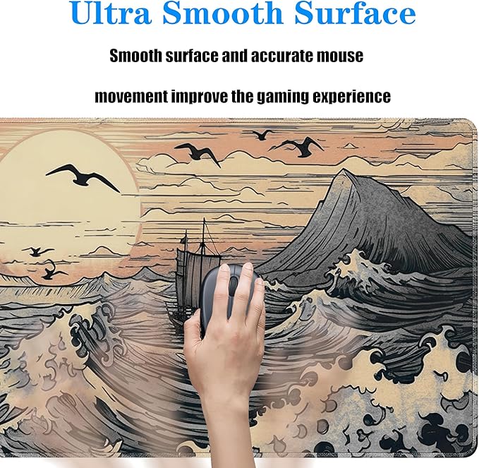 Japanese Sea Waves Large Gaming Mouse Pad,XL Mouse Pad Gaming Mouse Mat Desk Pad,31.5 x 11.8in Desk Mat Anime Mouse Pads for Desk,Extended Keyboard Pad Mousepad with Non-Slip Base and Stitched Edge
