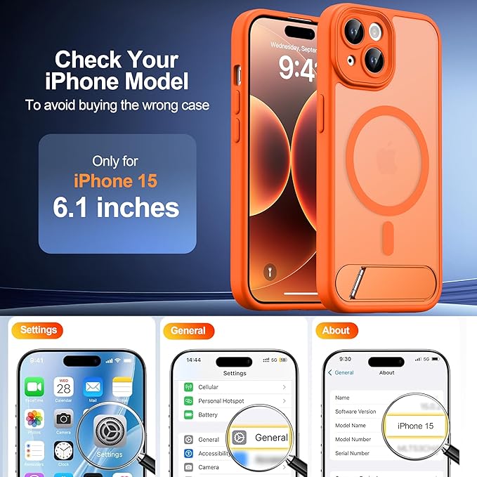 Magnetic Compatible with iPhone 15 Case, [Built-in Invisible Kickstand][Compatible with MagSafe][Full Camera Protection] Translucent Matte Phone Case for iPhone 15 6.1",Orange