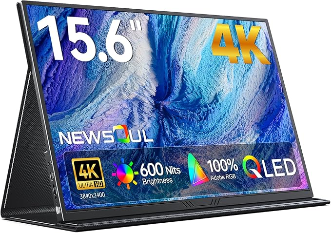 Newsoul 15.6" 4K QLED Portable Monitor, UHD 3840x2400 600 Nits 100% AdobeRGB, USB-C HDMI HDR FreeSync, Second Screen for Laptop MacBook PC Game Consoles, VESA Mountable Travel Monitor with Speakers