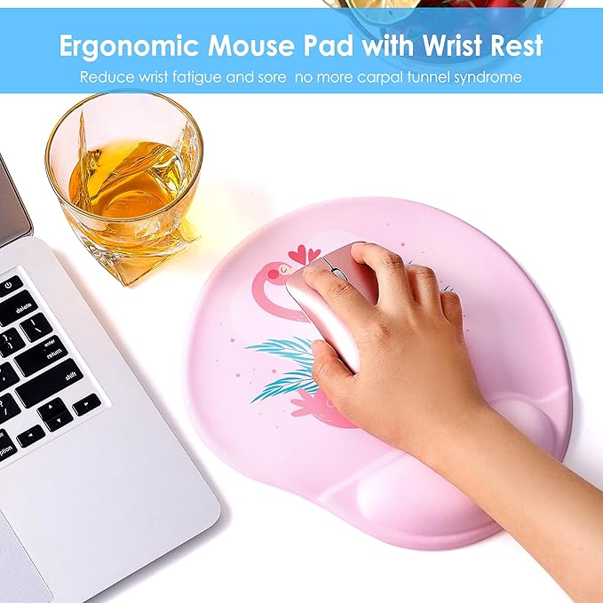 Ergonomic Mouse Pad with Wrist Support,Cute Mouse Pads with Wrist Rest,Comfortable Mouse Pad for Home Office Gaming Working Computers Laptop,Pain Relief with Non-Slip PU Base (Flamingo)