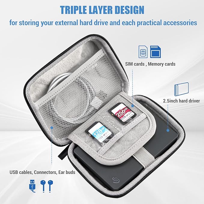 ProCase Hard Drive Case for Canvio Basics Western Digital WD Elements My Passport Seagate Portable Backup Plus Slim 1TB 2TB 3TB 4TB USB 3.0, 2.5”, Samsung T9 Portable External Hard Drive Case -Silver