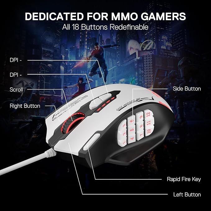 Redragon M908 Impact RGB MMO Gaming Mouse, Optical Wired Ergonomic Mouse with Max 24,000 DPI, High Precision, 18 Programmable Macro Shortcuts, Comfort Grip, Black & White