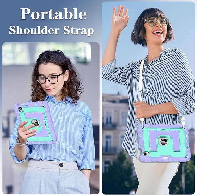 Kids Friendly Case for Apple iPad mini 7 A17 Pro 2024/iPad Mini 6 2021 8.3 Inch 7th/6th Gen Case with Pencil Holder & Shoulder Strap, Shockproof Kickstand Hard Shell Protective Cover,Purple+Mint