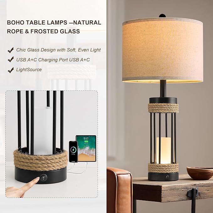 OYEARS 25" Table Lamps Set of 2 with Night Light, Rustic Bedside Lamps with USB C+A Charging Ports, Black Metal Lamp with Rope Accent and Frosted Glass, Farmhouse Lamps for Living Room Bedroom