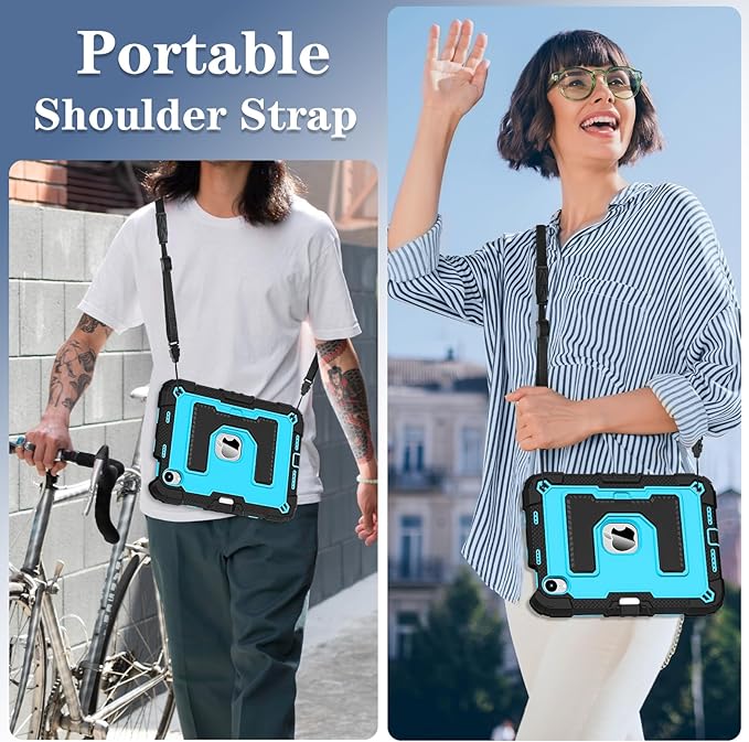 Kids Friendly Case for Apple iPad mini 7 A17 Pro 2024/iPad Mini 6 2021 8.3 Inch 7th/6th Gen Case with Pencil Holder & Shoulder Strap, Shockproof Kickstand Hard Shell Protective Cover,Black+Blue