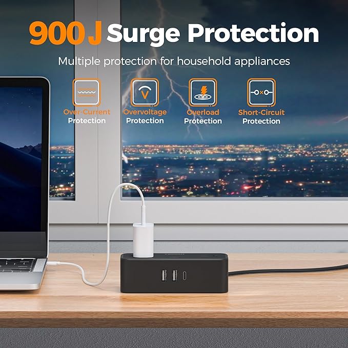 TESSAN Flat Plug Extension Cord 10 FT, Surge Protector Power Strip with 4 AC Outlets 1 USB C and 2 USB A Ports, 900 Joules Protection, Multiple Wall Outlet Extender Suitable for Office Dorm, Black