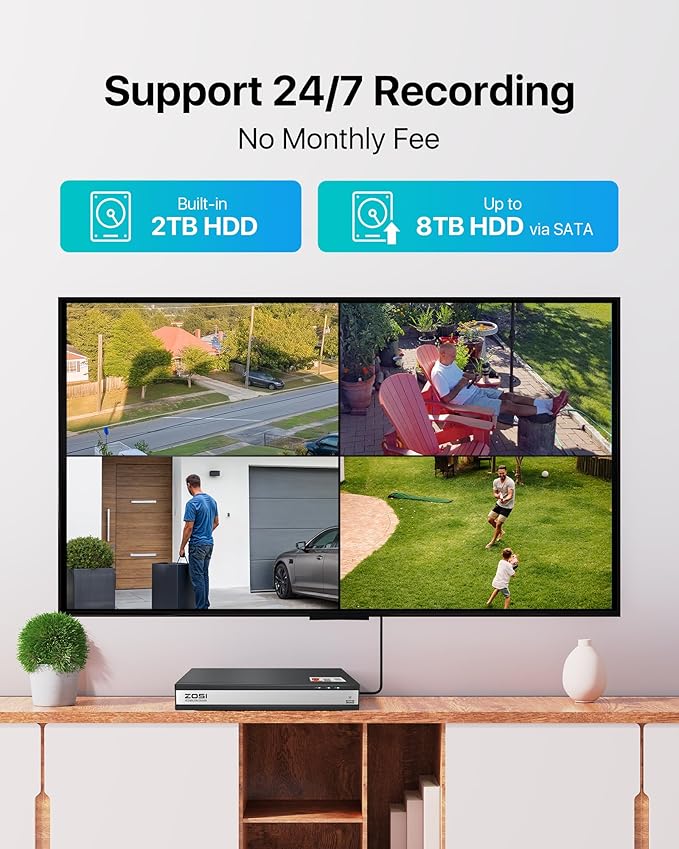ZOSI 3K Lite 16CH Security Camera System,12pcs Wired 1080P Outdoor Indoor Weatherproof Cameras,AI Human Vehicle Detection,Night Vision,H.265+ 16 Channel CCTV DVR with 2TB HDD for 24/7 Recording